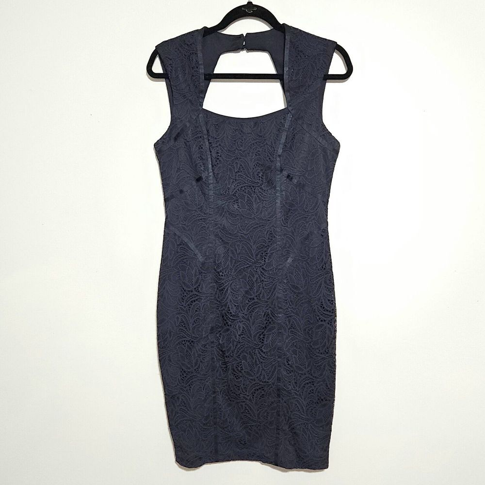 Cache Sheath Dress Size 8 Navy Blue Floral Lace‎ Overlay Knee-Length Evening